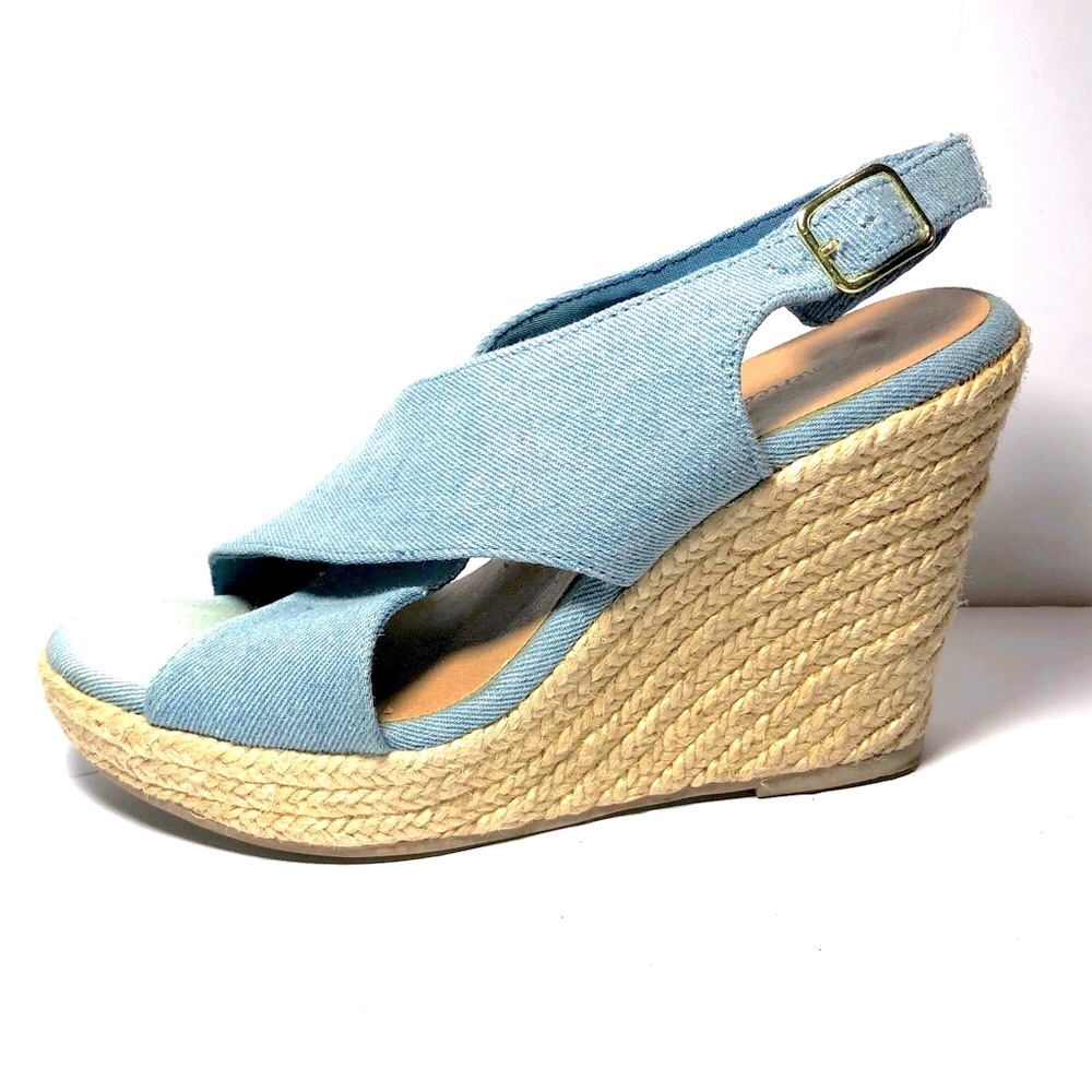 American Eagle Blue Denim Platform Wedge Espadrille Sandal Open Toe Women's 7
